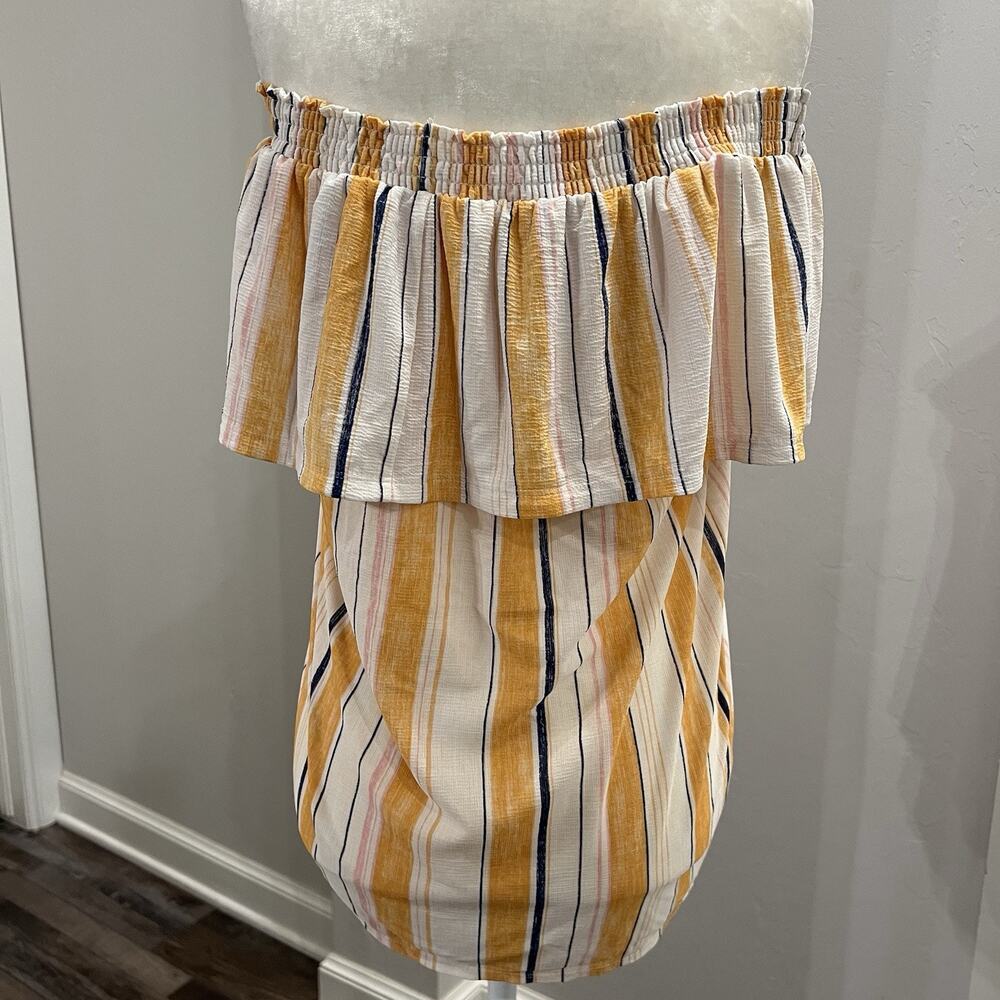 Lauren Conrad Off The Shoulder Gauzy Top Shirt Size L Yellow Striped Festival - Picture 4 of 5